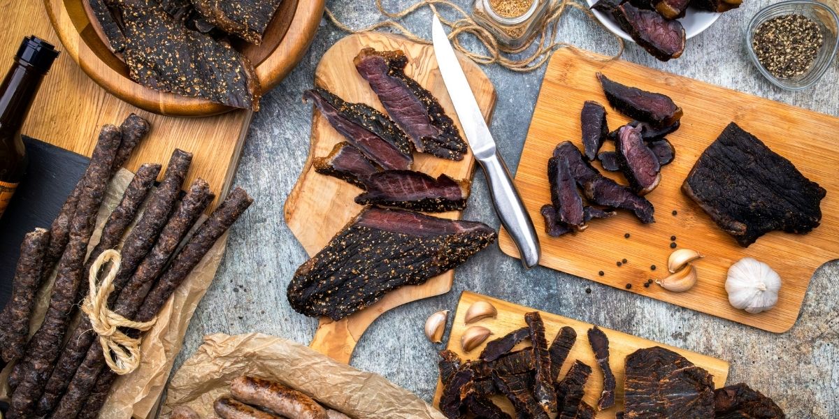assorted range of south african products, including biltong, dry wors & boerewors made with The Dalesman Group seasonings.