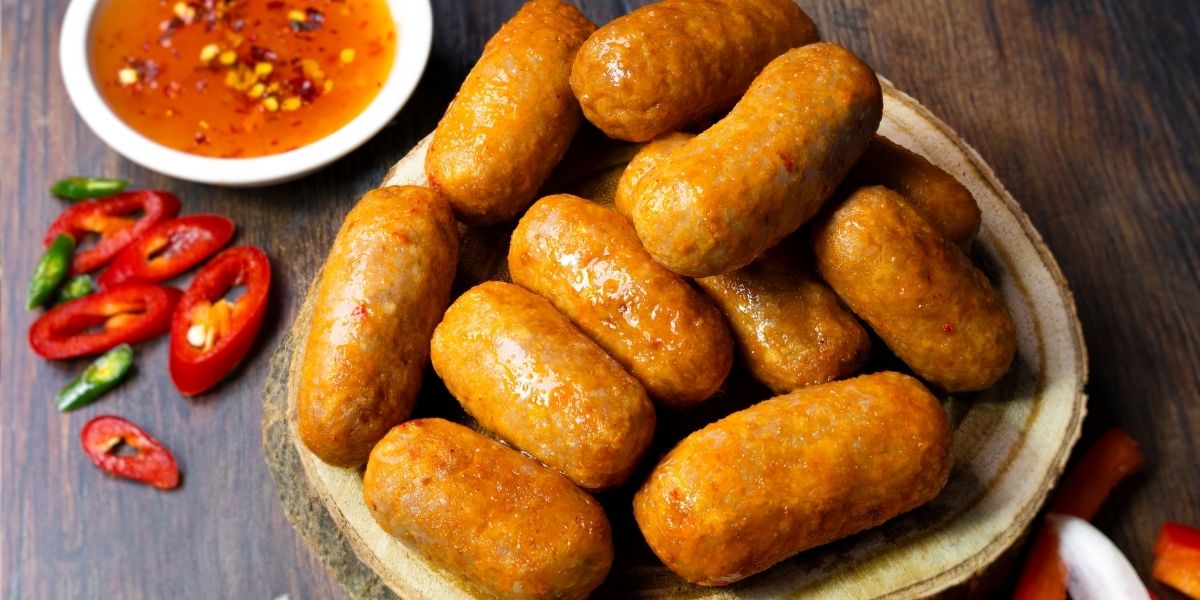 Festive Cocktail Sausages made from Desire Rudolphs Revenge Sausage Mix & Dalesman Sweet Chilli Glaze. Gluten Free.